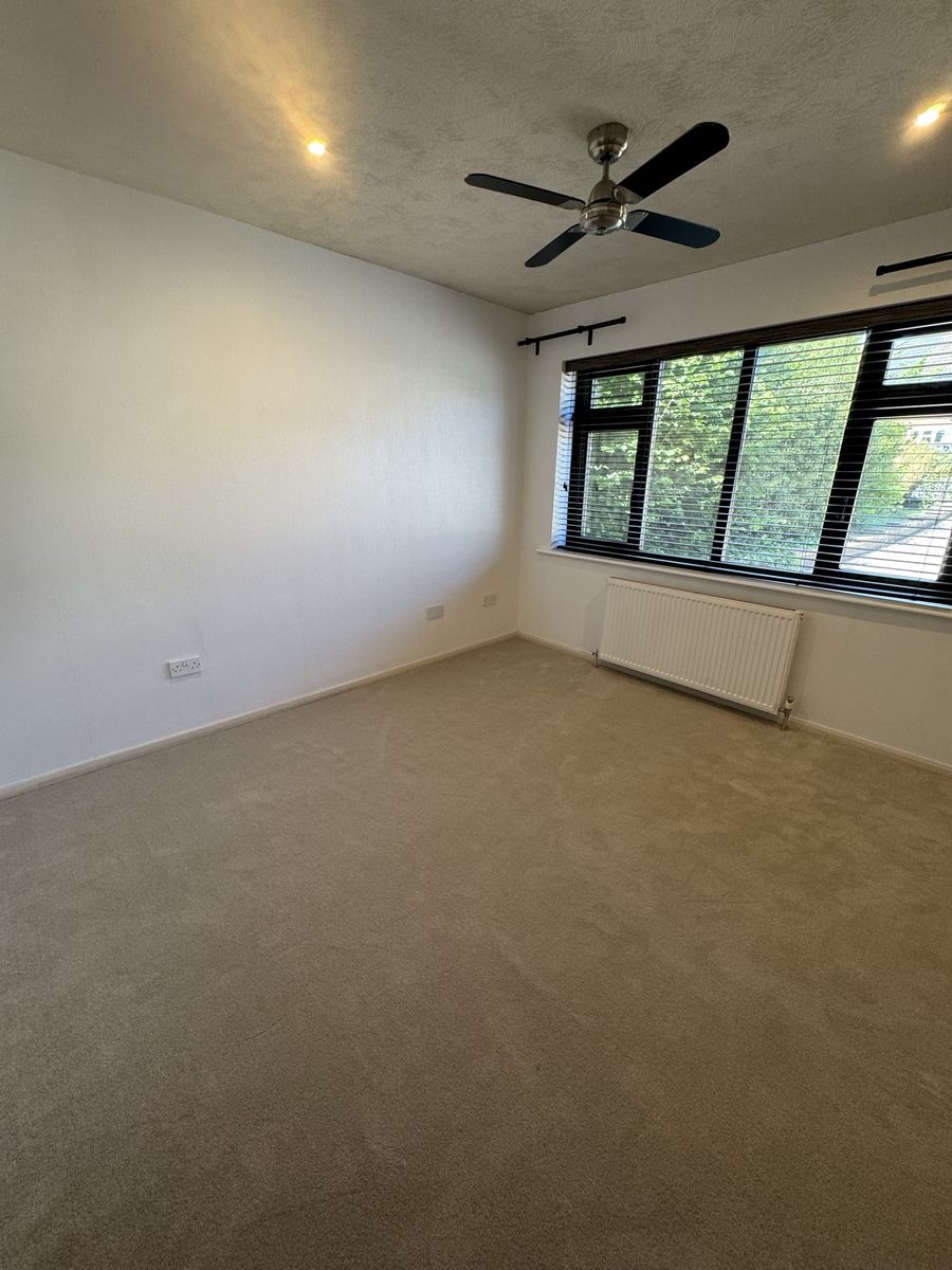 Finished bedroom with clean white walls, new carpet and blinds after damp treatment and replastering