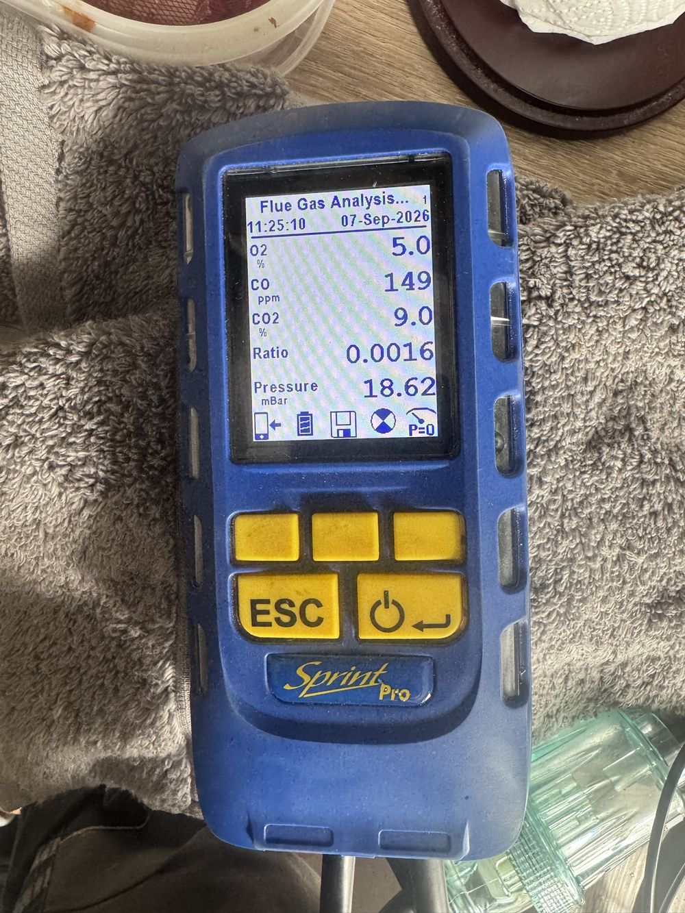 Flue gas analyser showing combustion readings after a boiler service